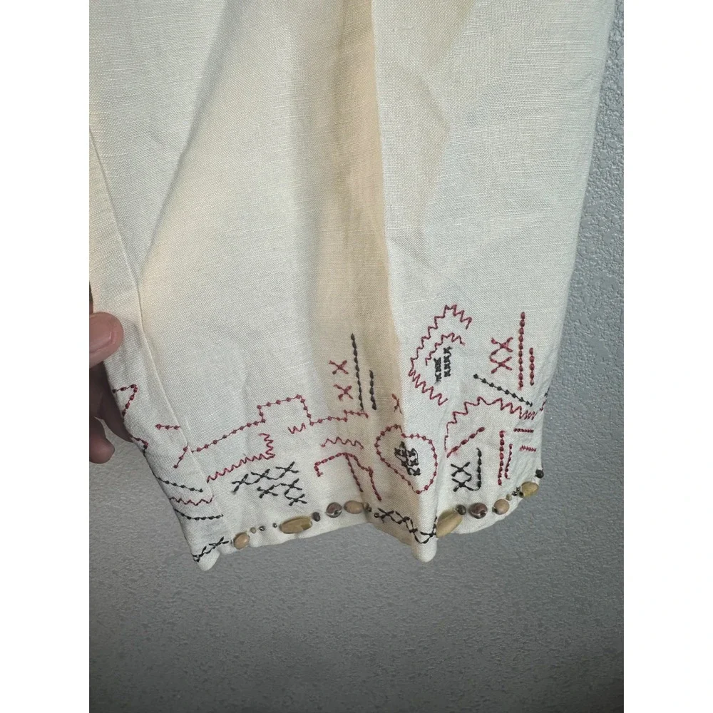 Hearts of Palm Women's Cream Linen Blend Embroidered Pant and Top Set Size 14